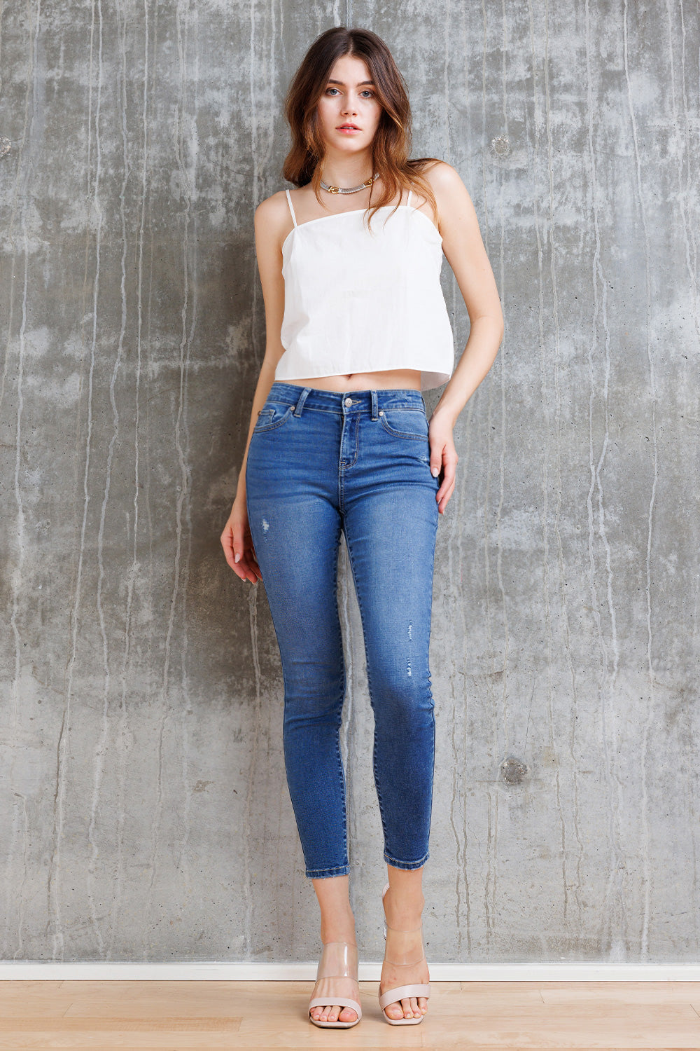Mid Rise Destructed Ankle Skinny Jeans