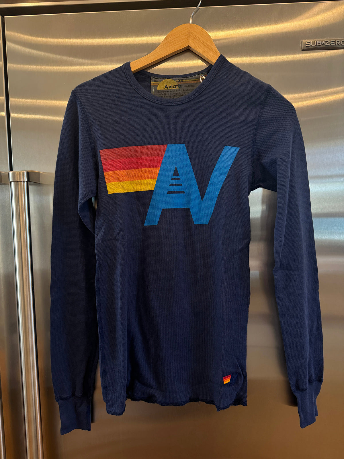 Aviator Nation Thermal Shirt with Logo Navy Blue Unisex Waffle Long Sleeve