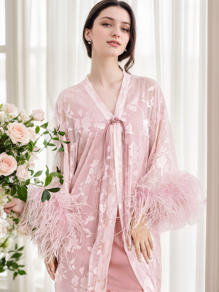 Luxury high end Sequin Embroidered Lace with real Ostrich Feathers Robe Set – Blush Pink Elegance comes with the slip dress as well also in ivory