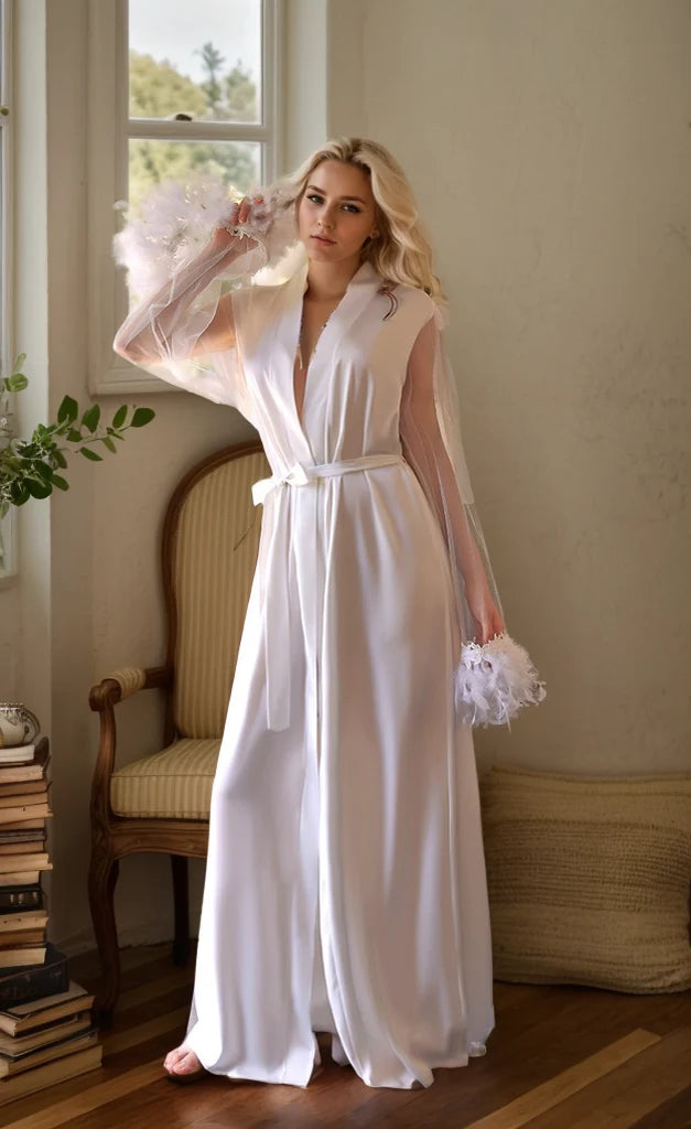 Sexy tulle lace and Real Turkey Feather sleeves silky satin long robe