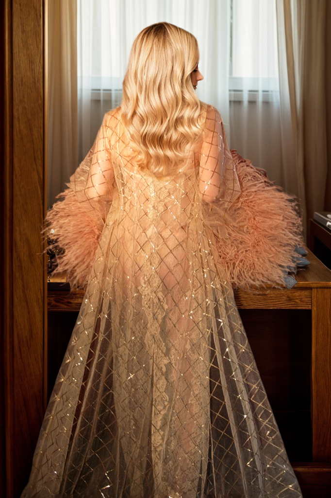 Luxury Feather-Trimmed Sheer Lace Luxury Robe Set with Embellished Details