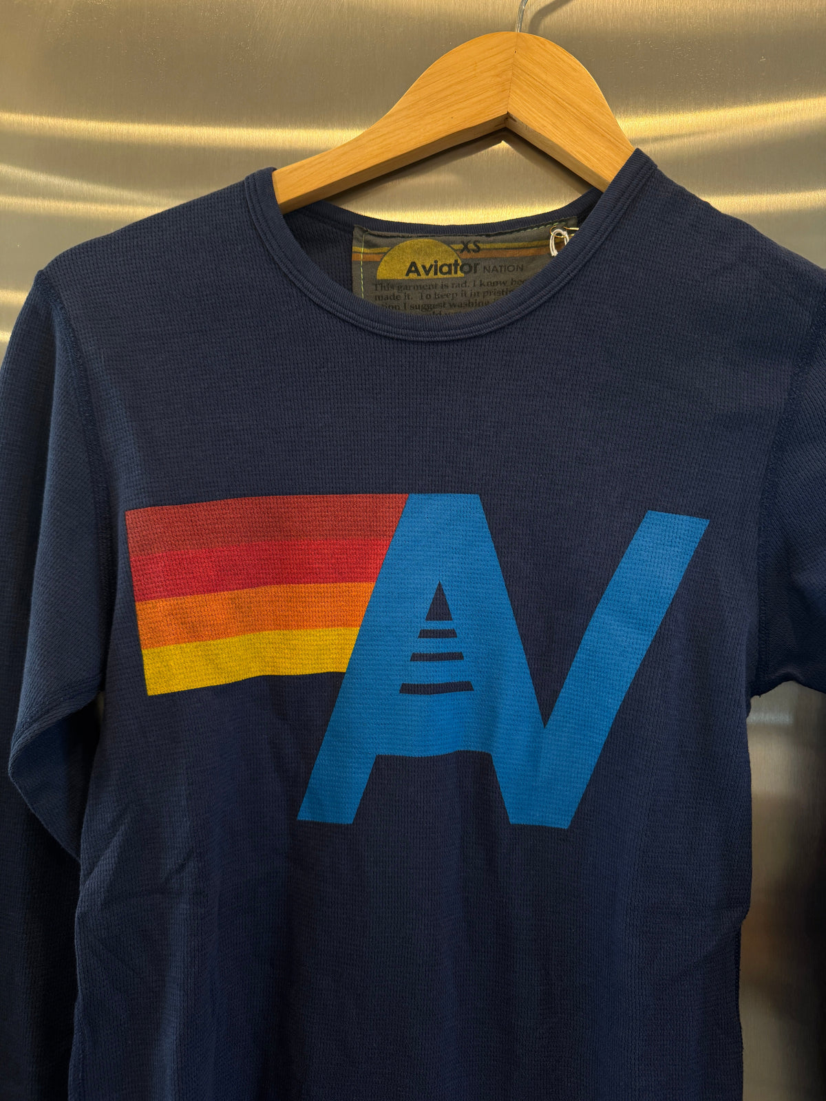 Aviator Nation Thermal Shirt with Logo Navy Blue Unisex Waffle Long Sleeve