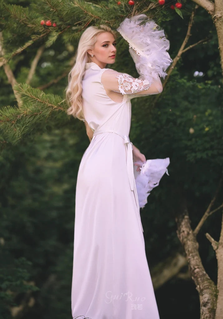 Sexy tulle lace and Real Turkey Feather sleeves silky satin long robe