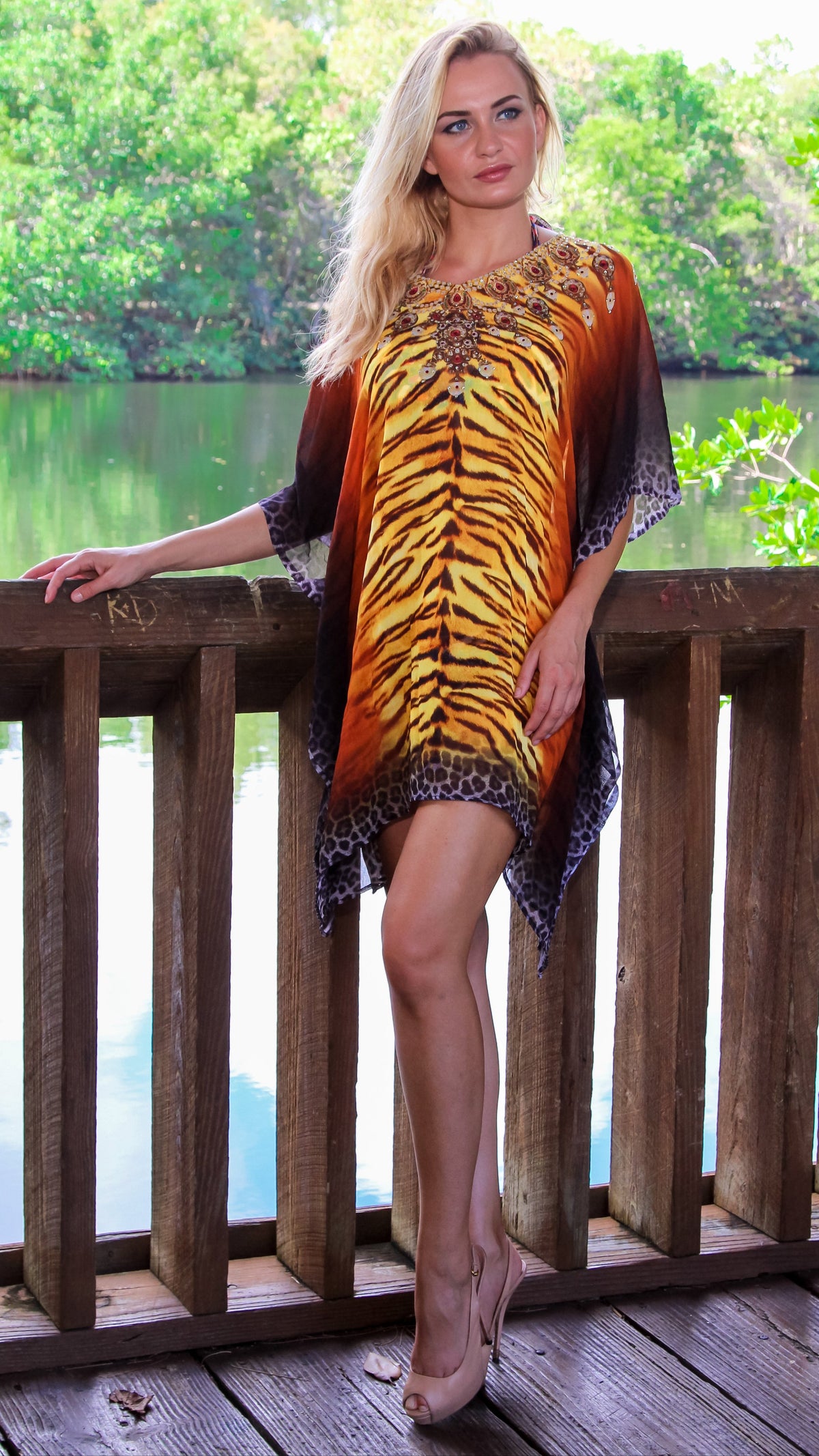 Embellished Animal Print Kaftan | Beach Cover-Up