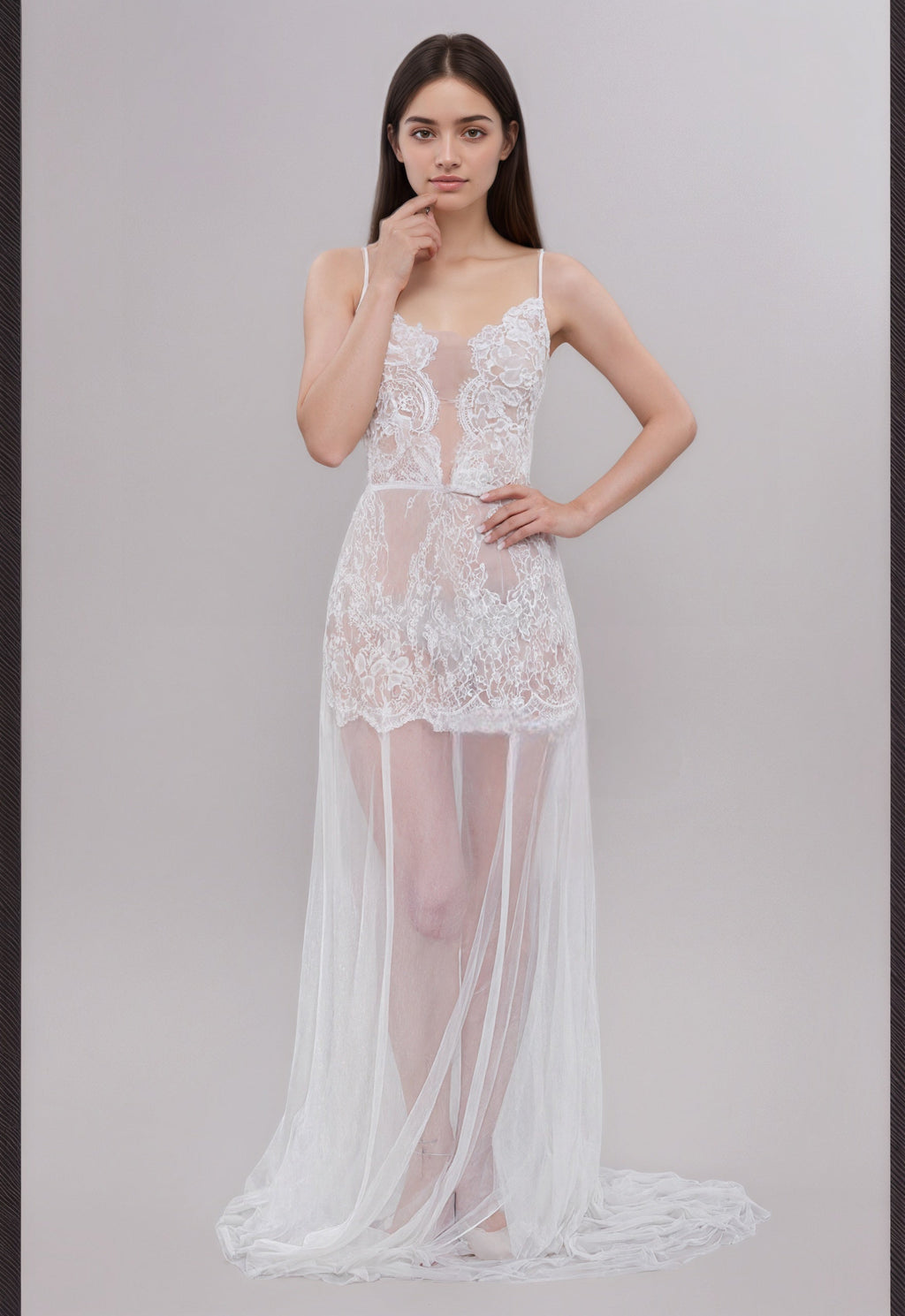 Ethereal Lace Sheer Long Robe with Flowing Train – Elegant Bridal Boudoir Gown