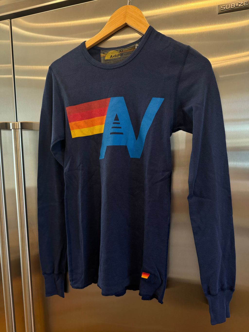 Aviator Nation Thermal Shirt with Logo Navy Blue Unisex Waffle Long Sleeve