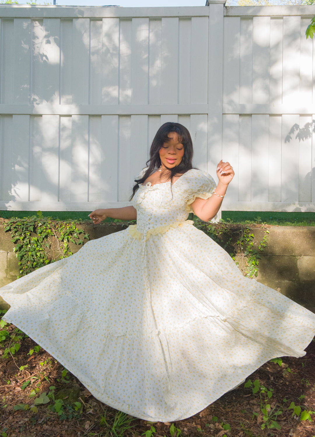 PastelYellow Rose print with White Goddess In You floor length corset lace up Gown sizes range all the way up