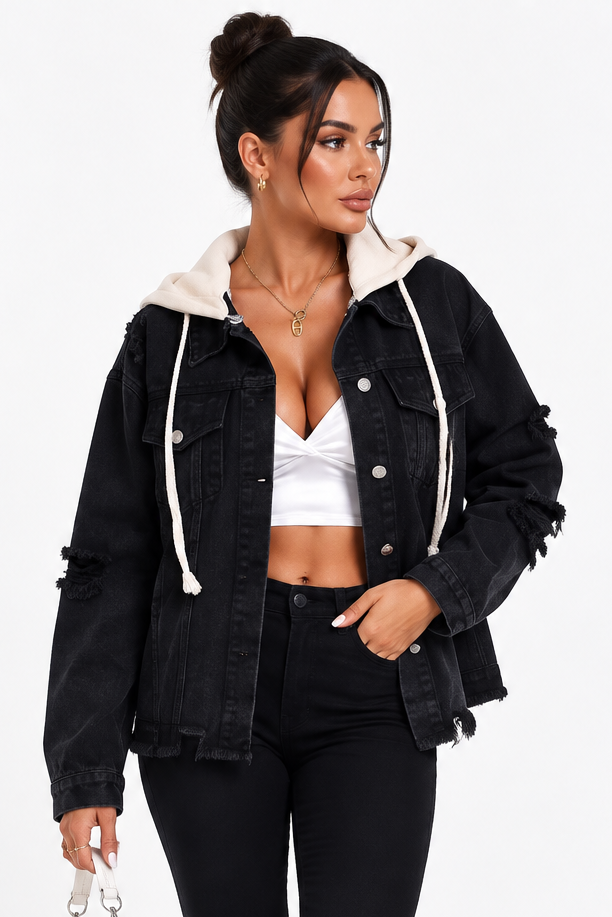 Distressed Drawstring Button Up Hooded Denim Jacket