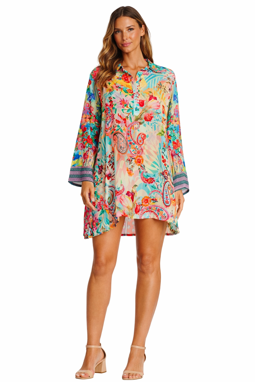 Wholesale Turquoise Tropical Floral Long Sleeve Beach Cover-Up