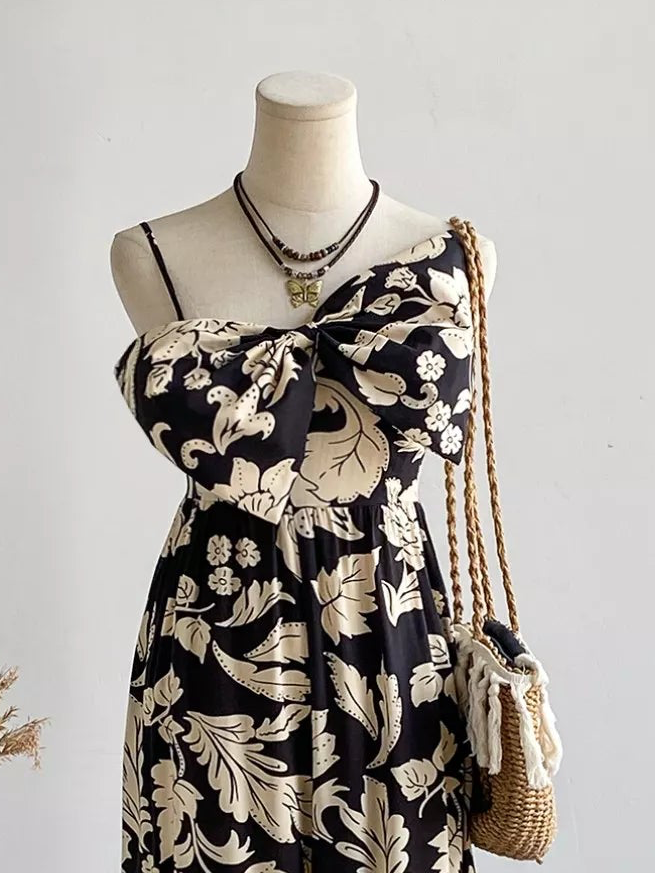 Huge Beautiful BOW knot on the front Floral Print Wide Leg Jumpsuit