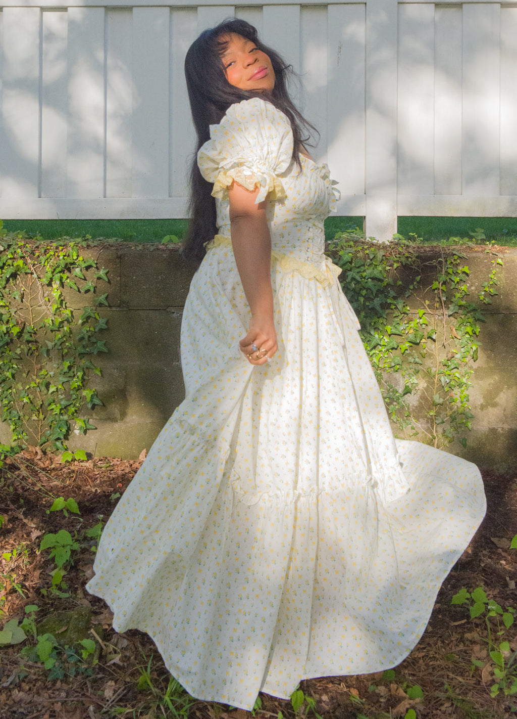 PastelYellow Rose print with White Goddess In You floor length corset lace up Gown sizes range all the way up
