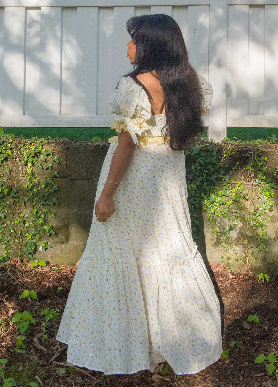 PastelYellow Rose print with White Goddess In You floor length corset lace up Gown sizes range all the way up