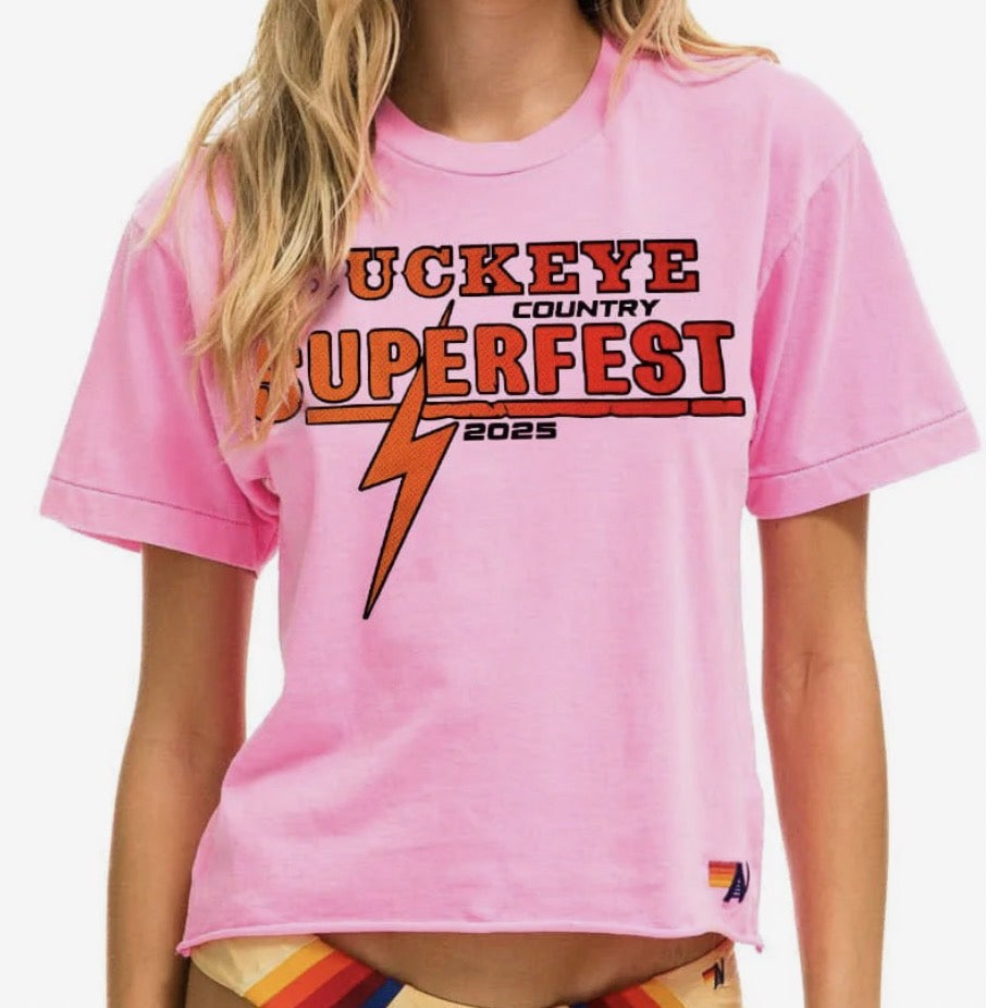 Aviator Nation Buckeye Fest 2025 Boyfriend Cropped Tee Shirt - Neon Pink
