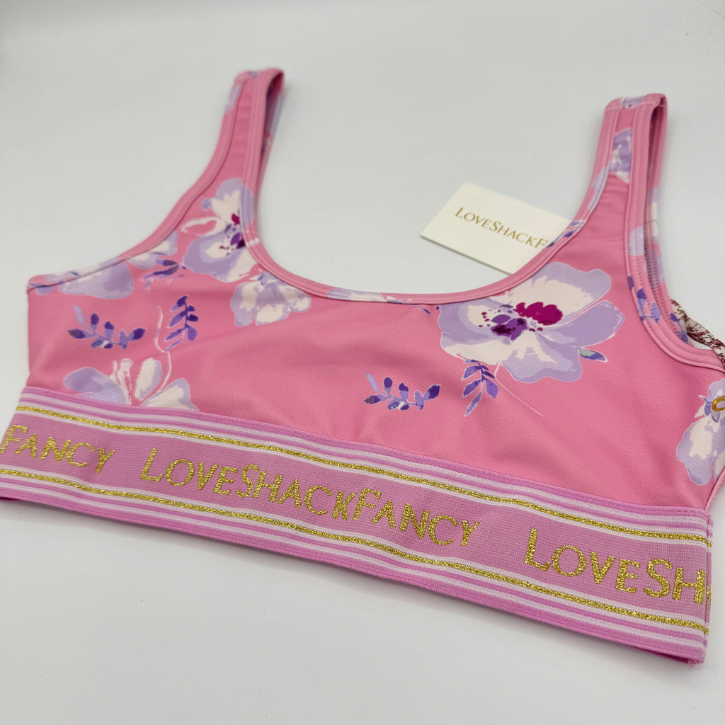 LoveShackFancy Ornice Sports Athletic Bra Light Pink Floral Gold Logo Flower