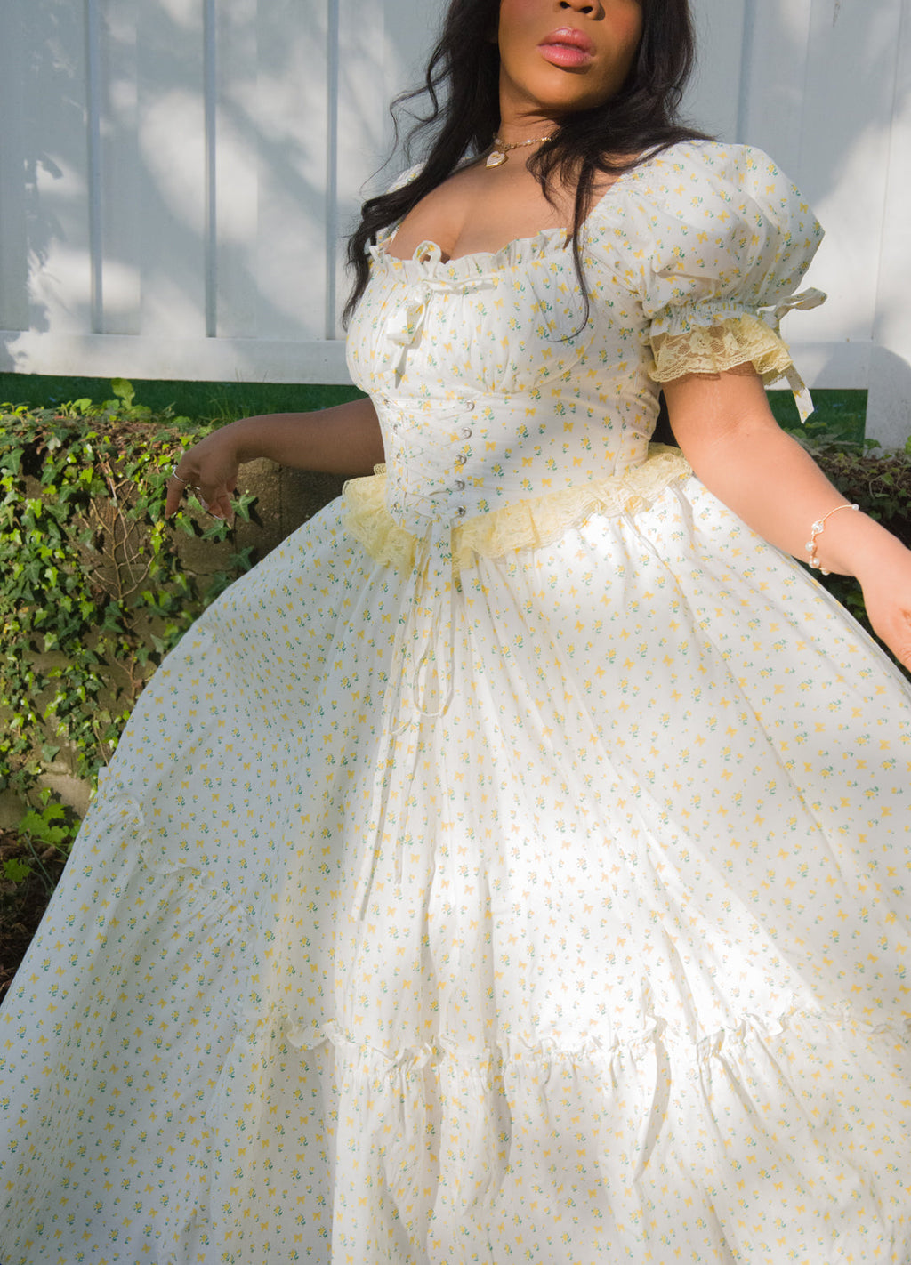 PastelYellow Rose print with White Goddess In You floor length corset lace up Gown sizes range all the way up