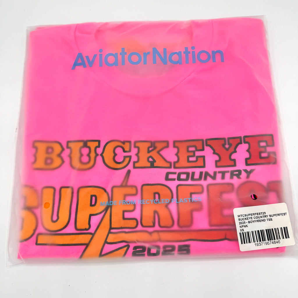 Aviator Nation Buckeye Fest 2025 Boyfriend Cropped Tee Shirt - Neon Pink