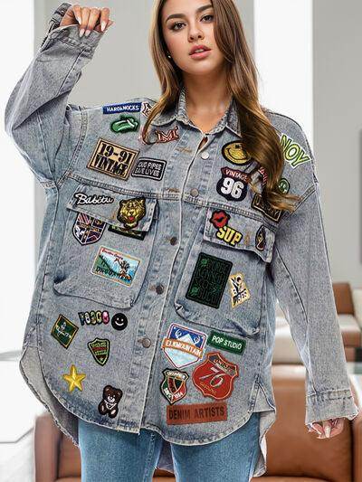 Patched Button Up Long Sleeve Denim Jacket-multiple colors