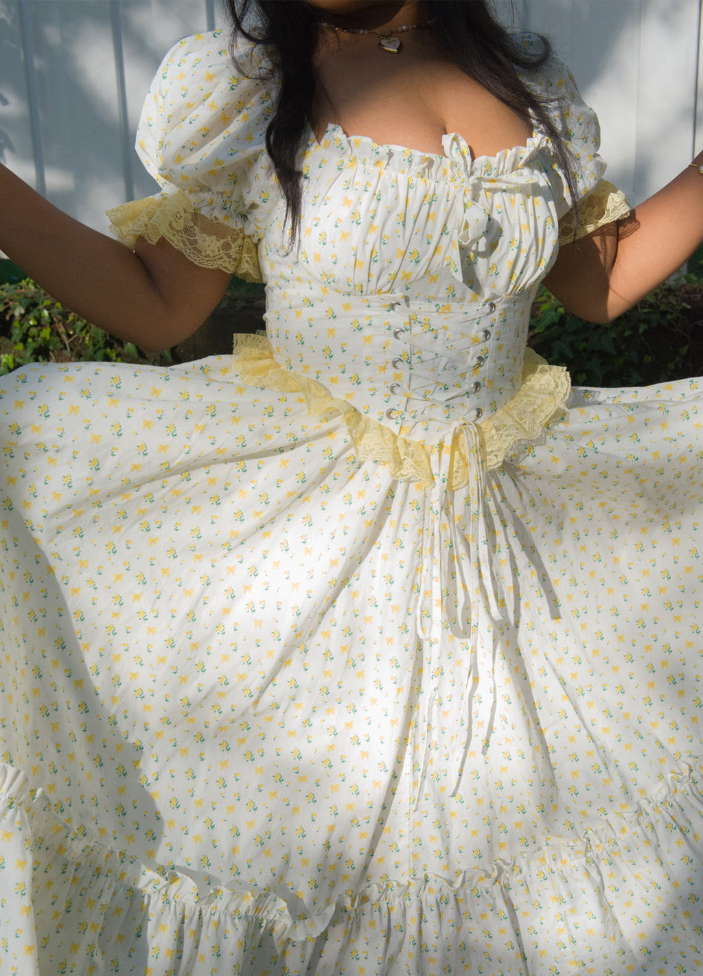 PastelYellow Rose print with White Goddess In You floor length corset lace up Gown sizes range all the way up