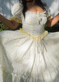 PastelYellow Rose print with White Goddess In You floor length corset lace up Gown sizes range all the way up