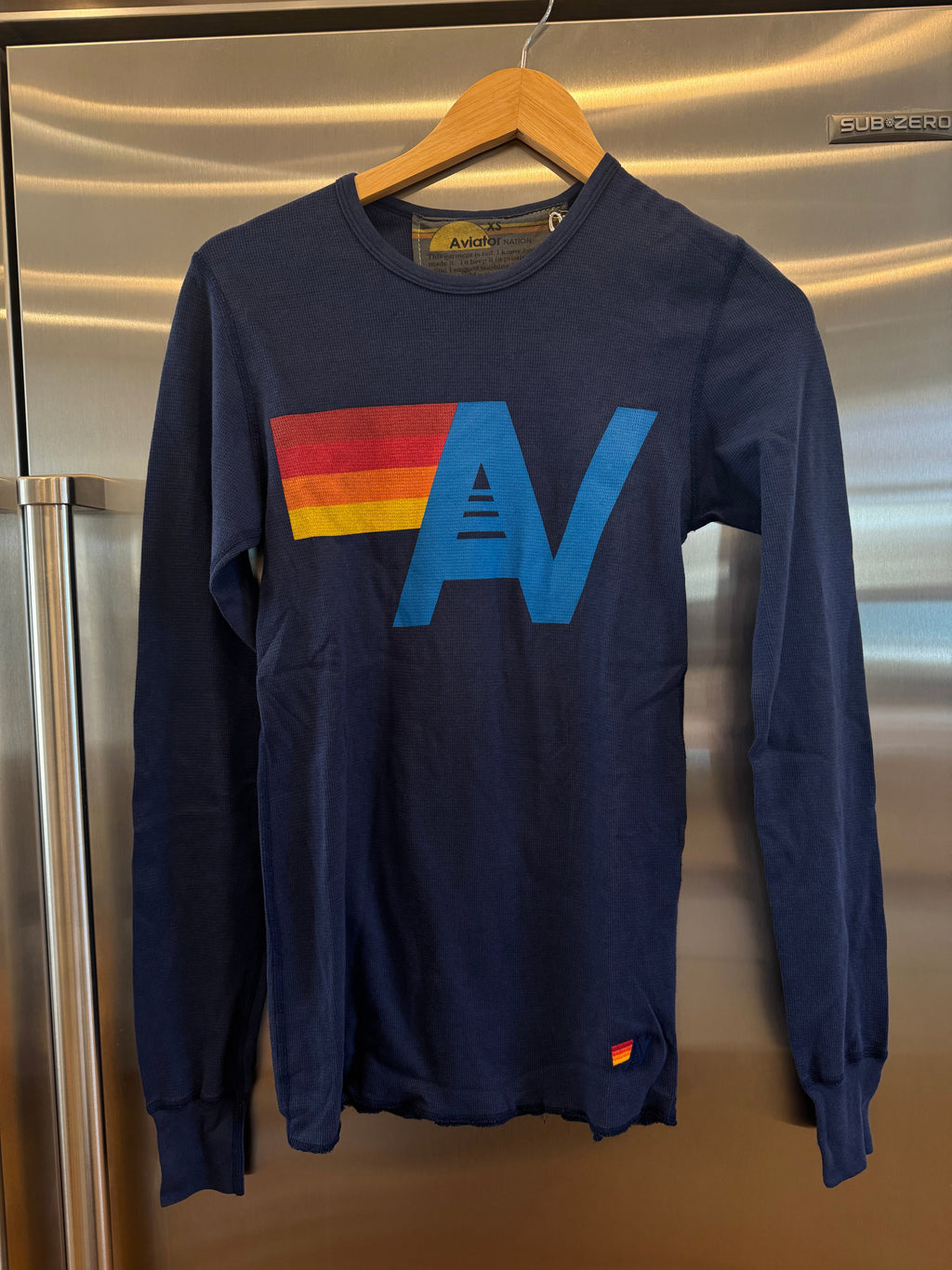 Aviator Nation Thermal Shirt with Logo Navy Blue Unisex Waffle Long Sleeve