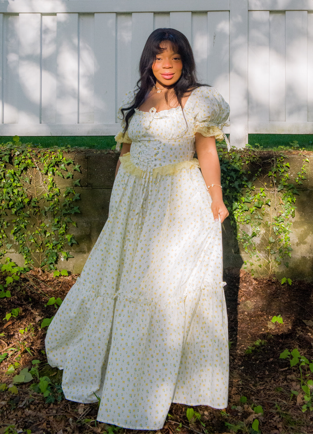 PastelYellow Rose print with White Goddess In You floor length corset lace up Gown sizes range all the way up