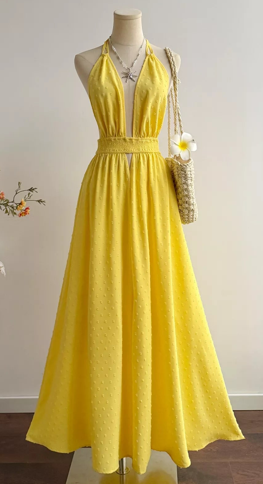Sunny Day Yellow Swiss Dot Halter Neck Dress
