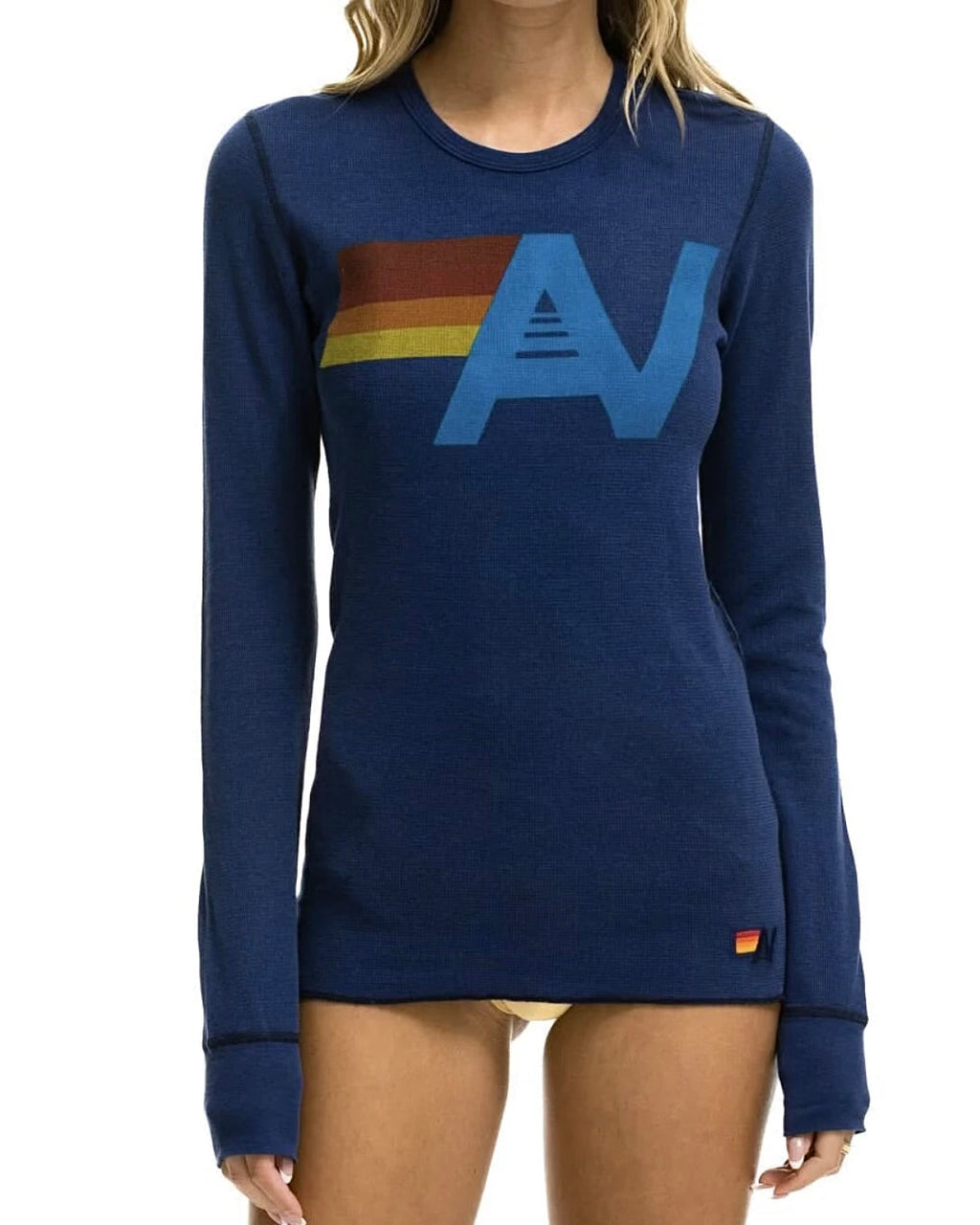 Aviator Nation Thermal Shirt with Logo Navy Blue Unisex Waffle Long Sleeve