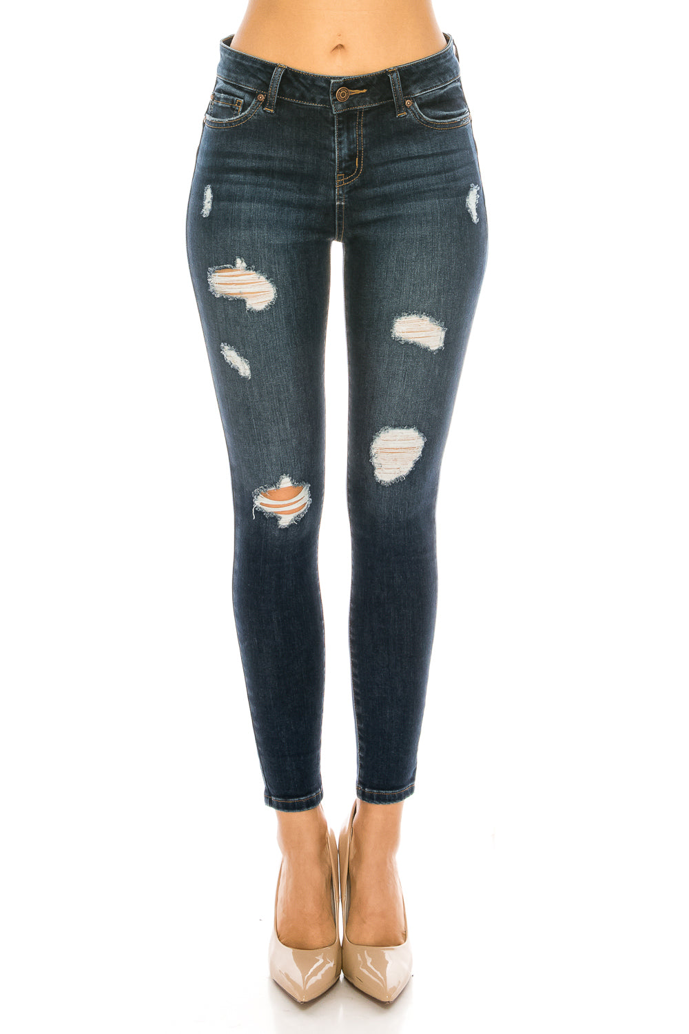 Mid Rise Destructed Skinny Jeans