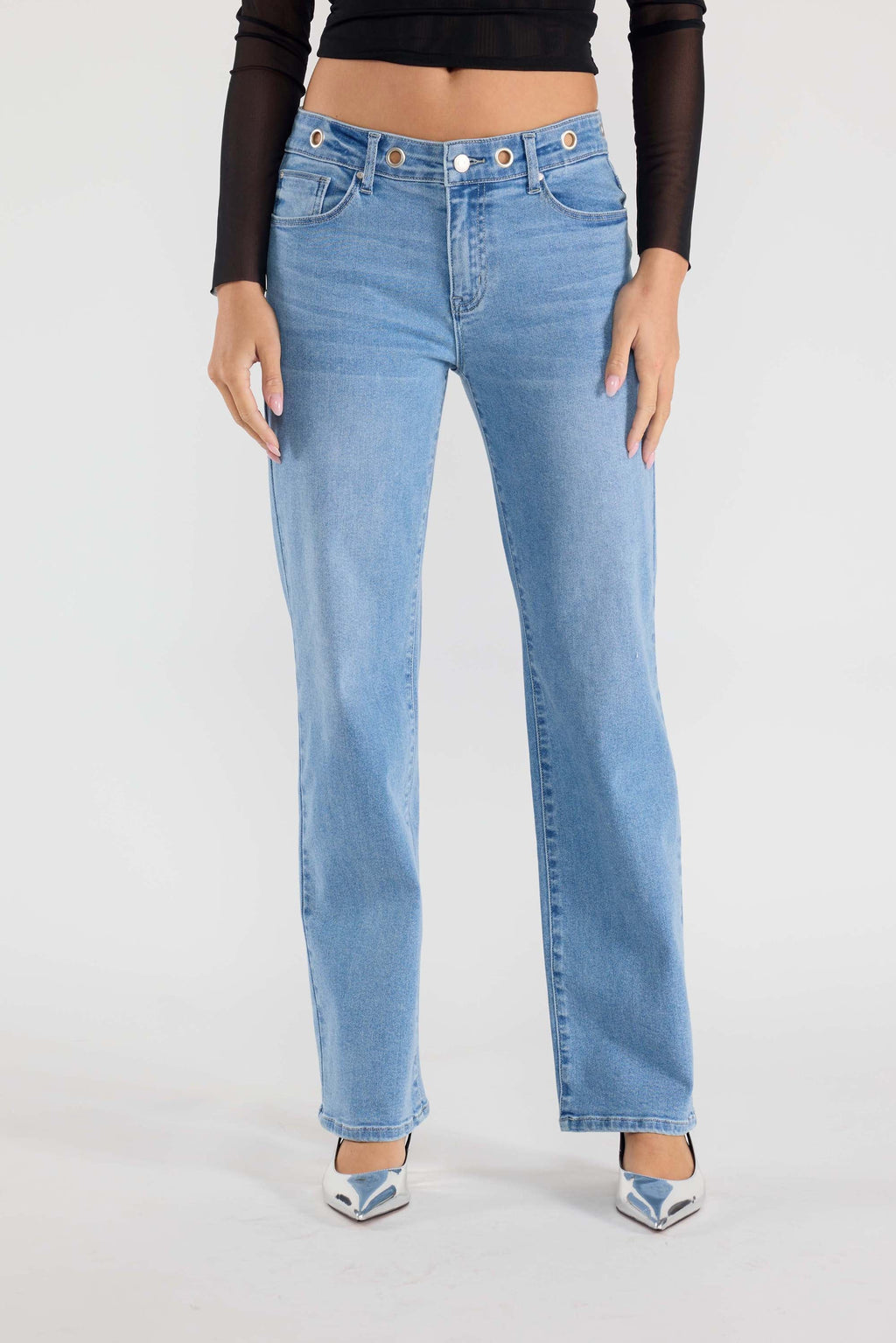 Eyelet Waist Band Straight Jeans
