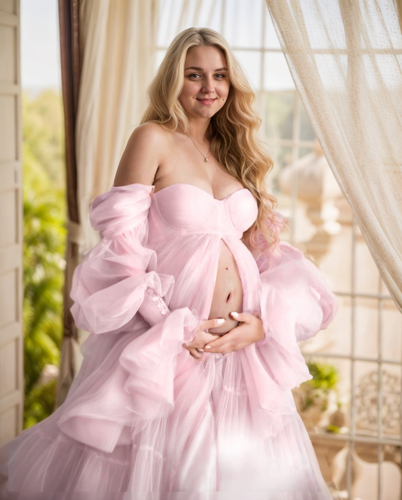 Elegant Robe Gown with Tiered Tulle and Off-Shoulder Design Multi Color Great for Maternity Photos and more