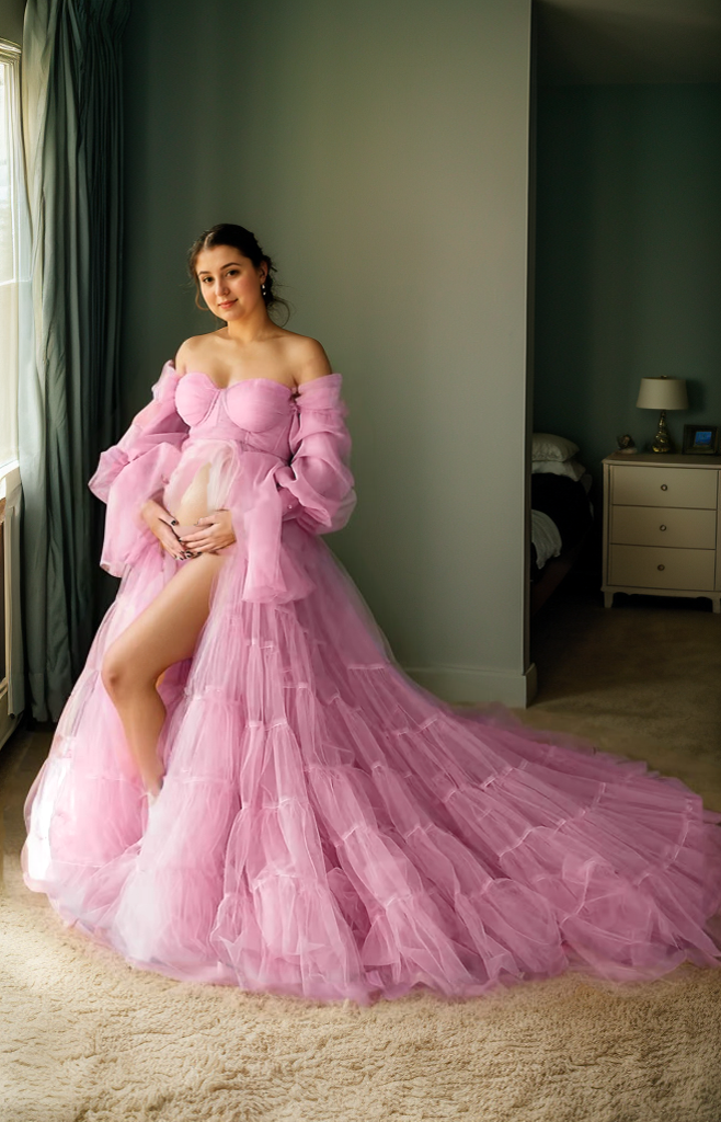 Elegant Robe Gown with Tiered Tulle and Off-Shoulder Design Multi Color Great for Maternity Photos and more