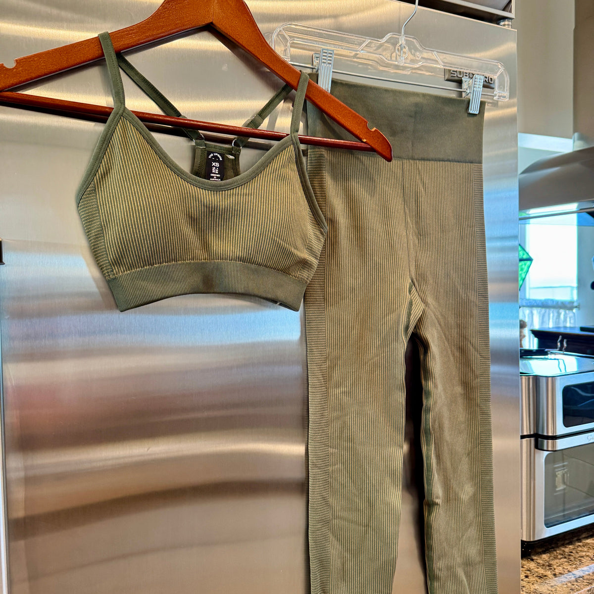 The Upside SET Seamless Ballet Bra and Ribbed Leggings in Khaki