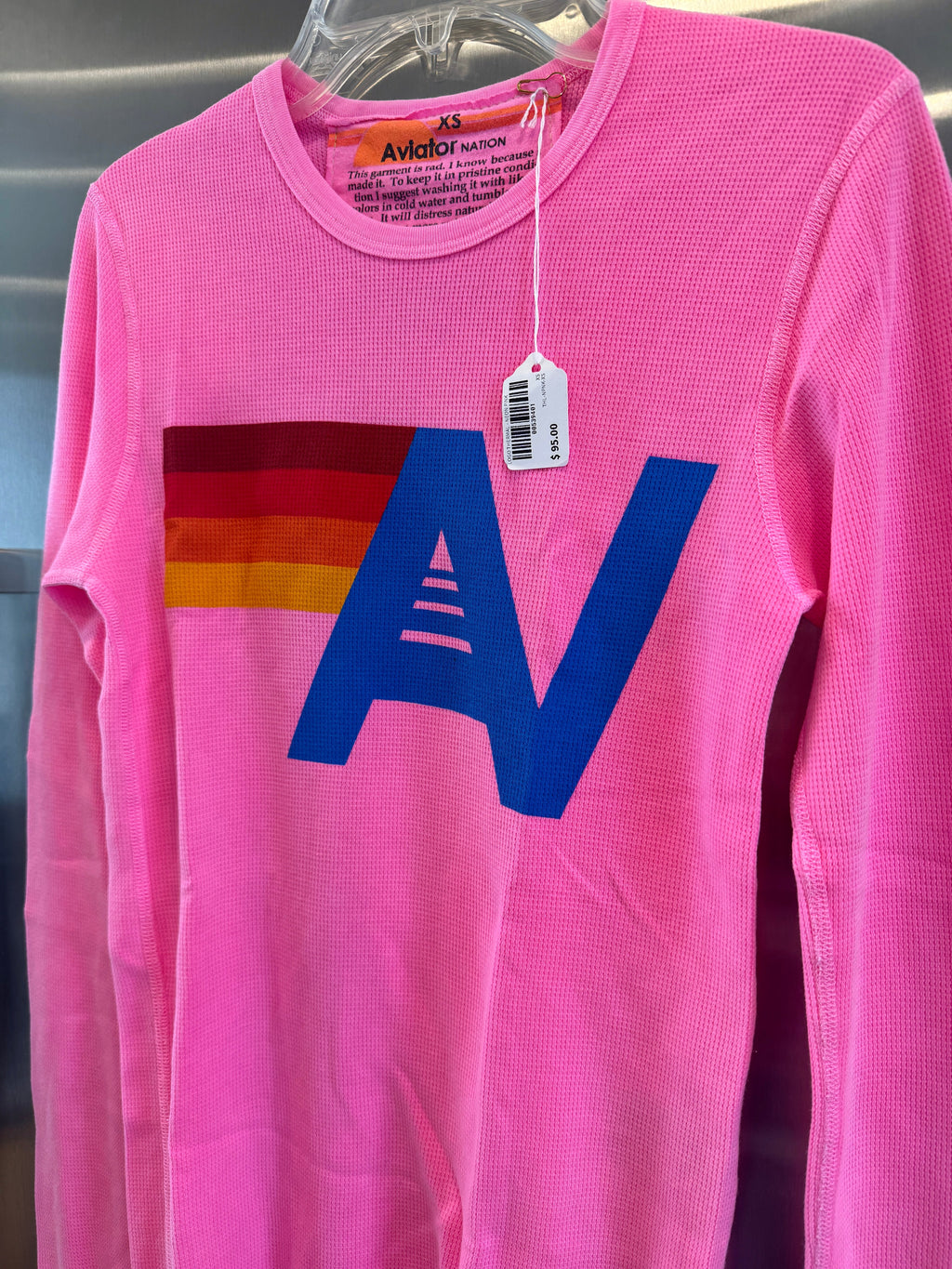 Aviator Nation Thermal Shirt with Classic AV Logo Neon Pink Unisex
