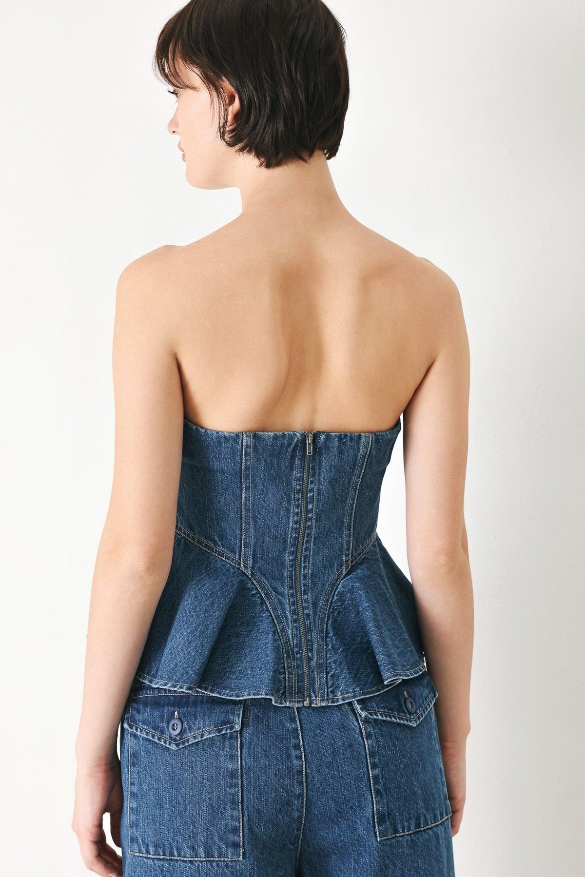 BLUE BLOSSOM BUSTIER DENIM TOP