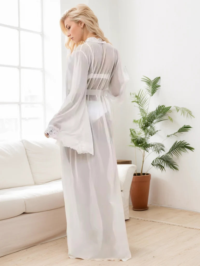 Sexy soft stretchy mesh illusion long robe ivory color