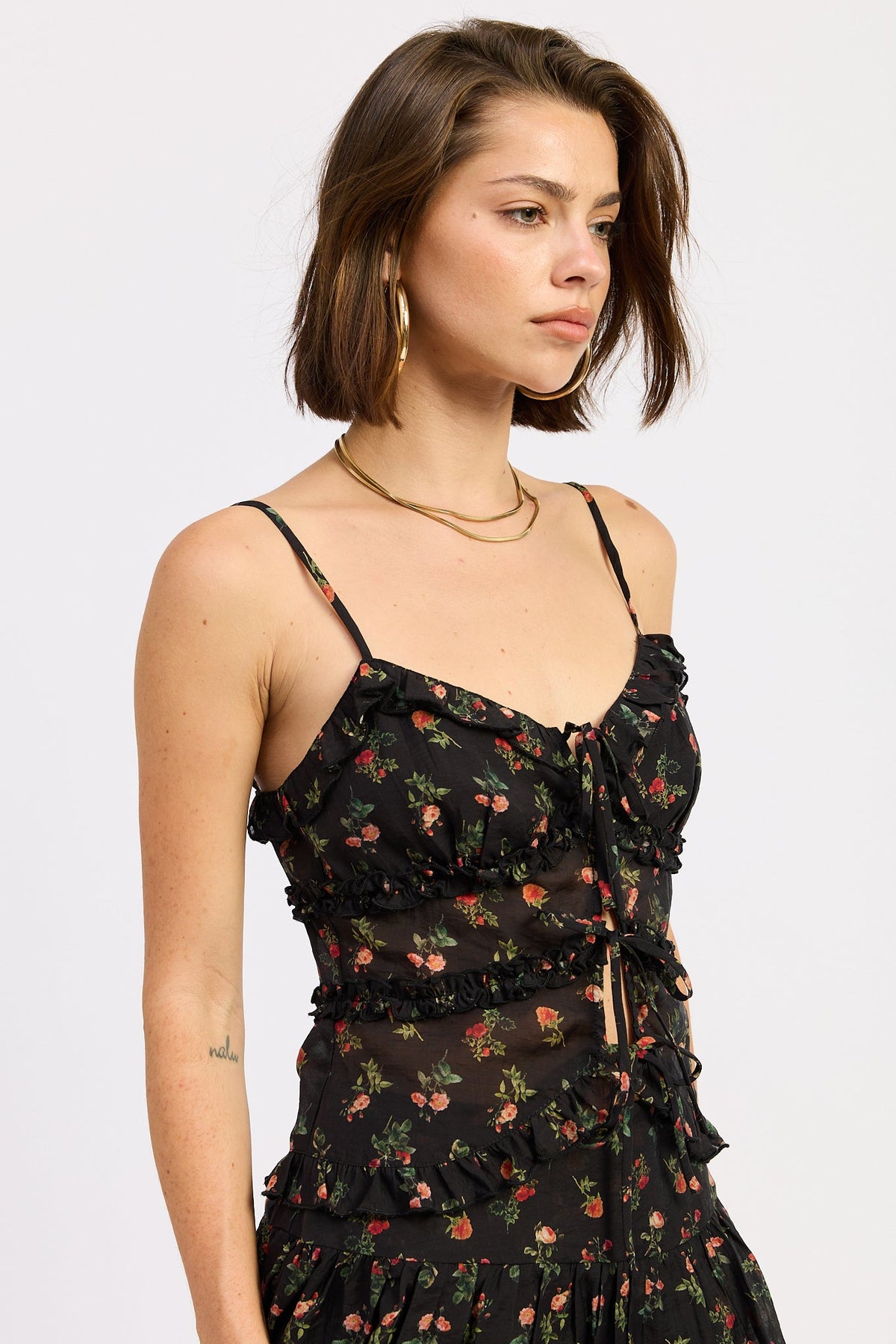 Briony Ruffled Cami front tie tank Top with a floral print