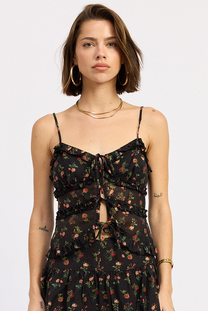 Briony Ruffled Cami front tie tank Top with a floral print