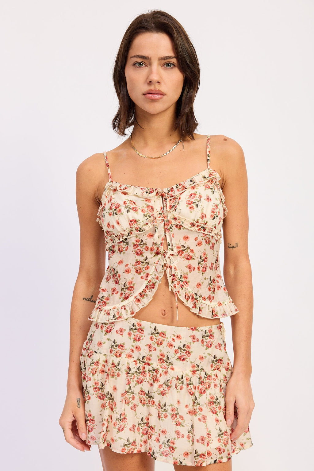 Briony Ruffled Cami front tie tank Top with a floral print