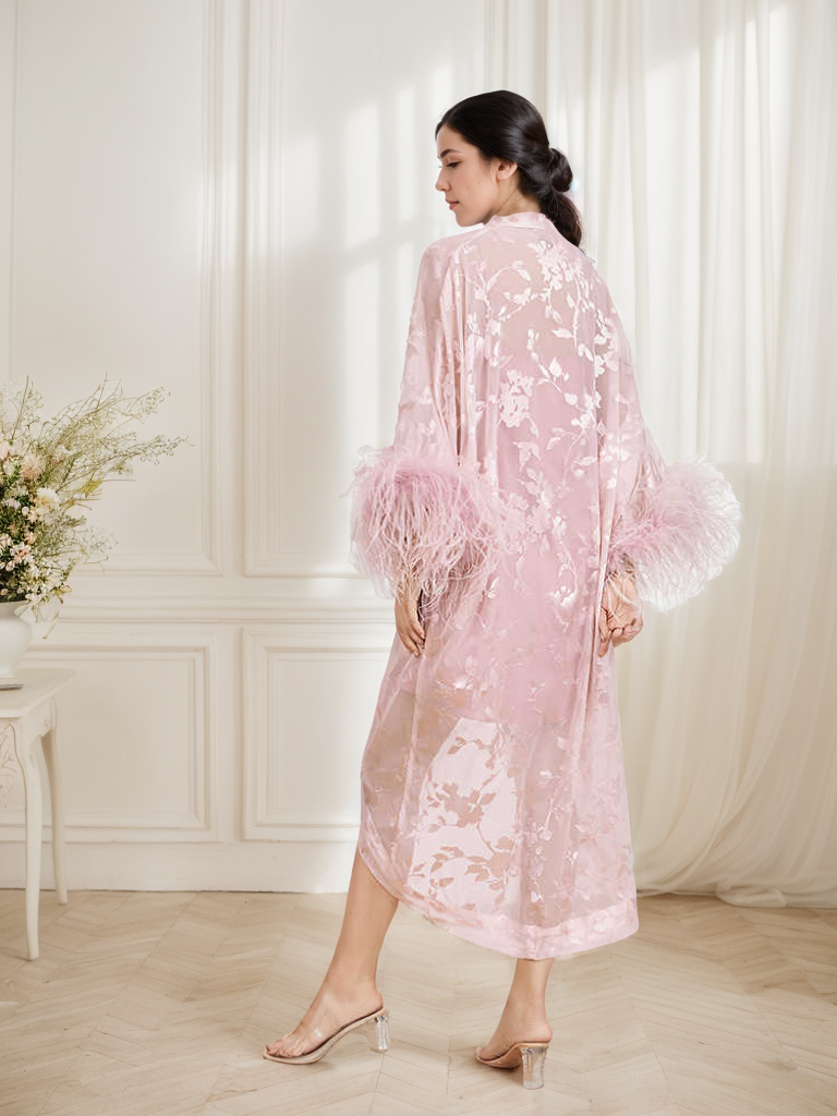Luxury high end Sequin Embroidered Lace with real Ostrich Feathers Robe Set – Blush Pink Elegance comes with the slip dress as well also in ivory