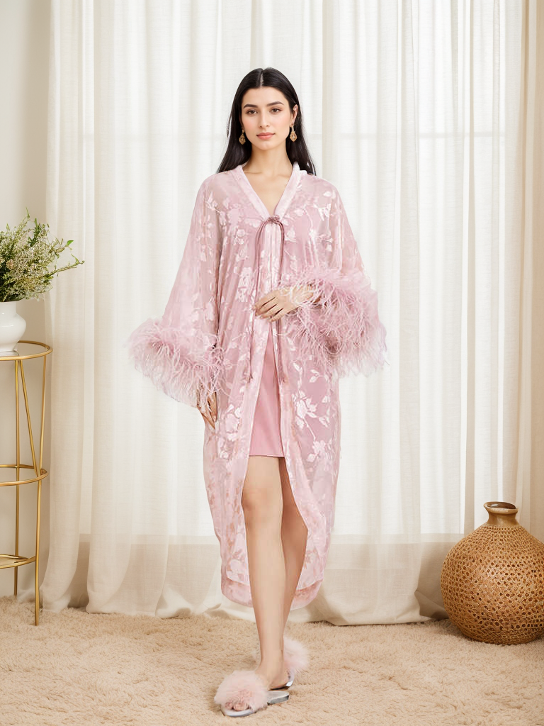 Luxury high end Sequin Embroidered Lace with real Ostrich Feathers Robe Set – Blush Pink Elegance comes with the slip dress as well also in ivory