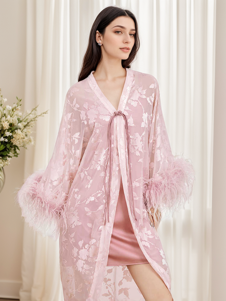 Luxury high end Sequin Embroidered Lace with real Ostrich Feathers Robe Set – Blush Pink Elegance comes with the slip dress as well also in ivory