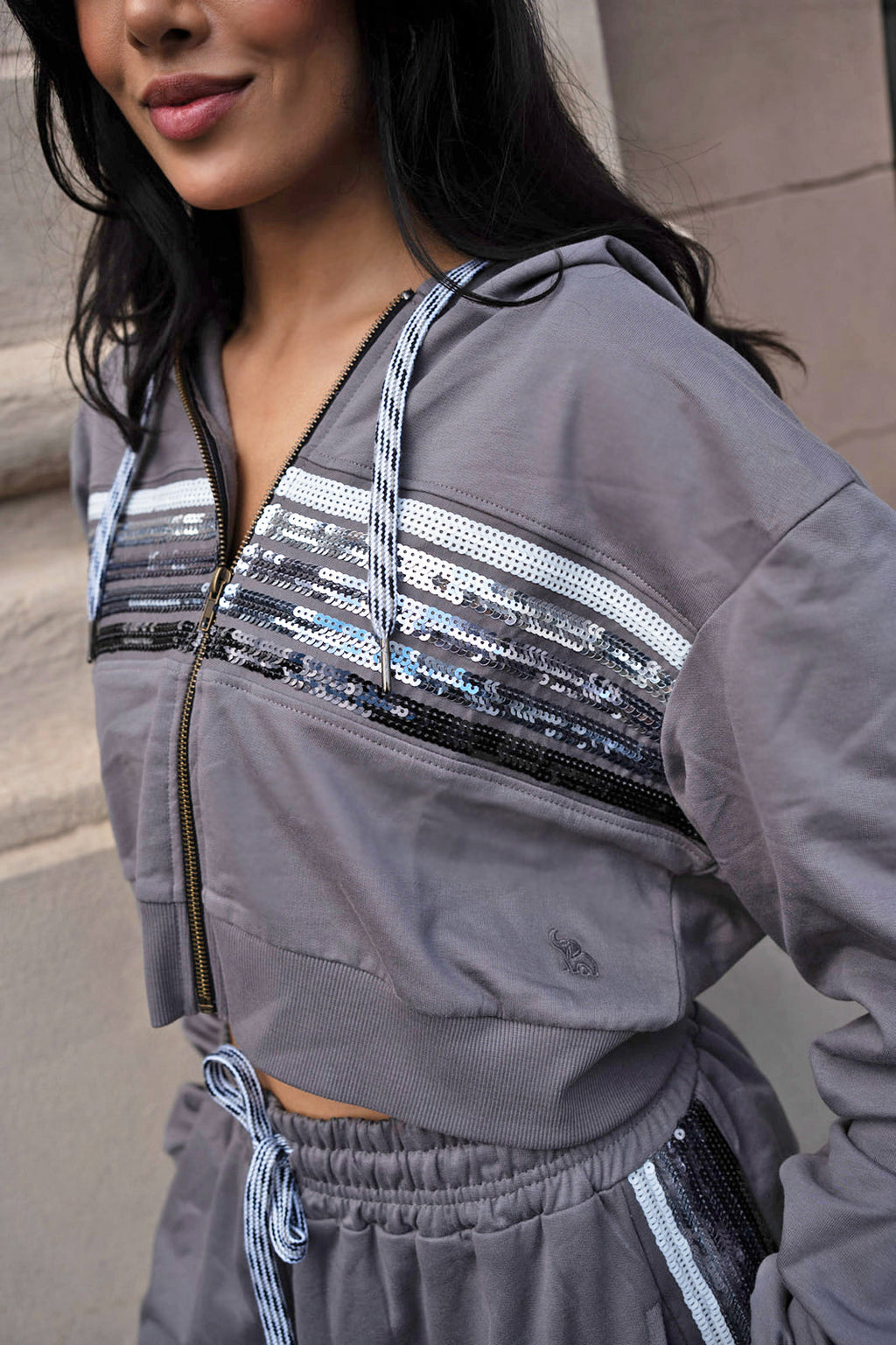 Cinder Sequin Shoulder Stripe Zip Up Crop Hoodie