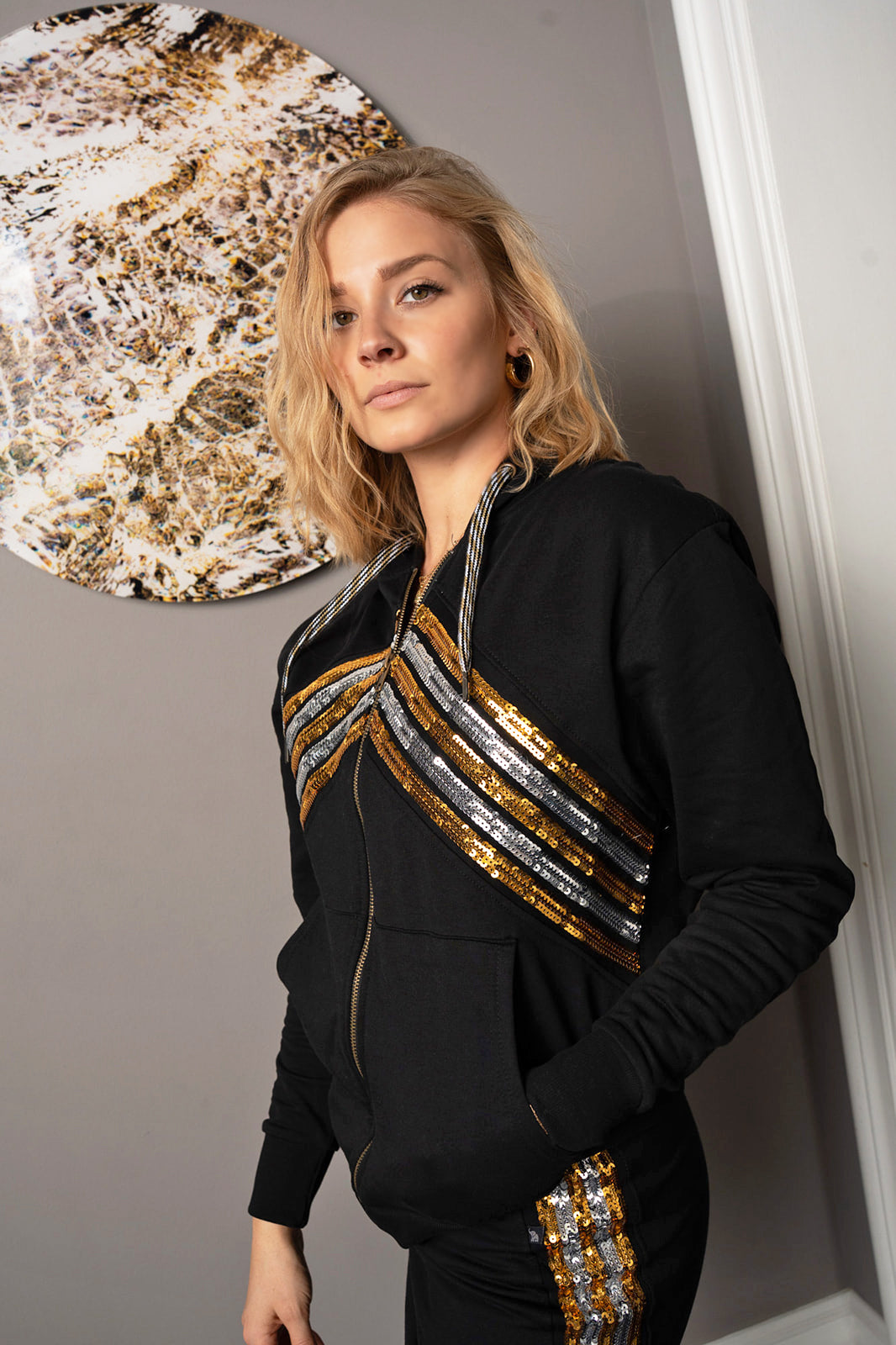 Eclipse Sequin Chevron Chest Stripe Full Zip