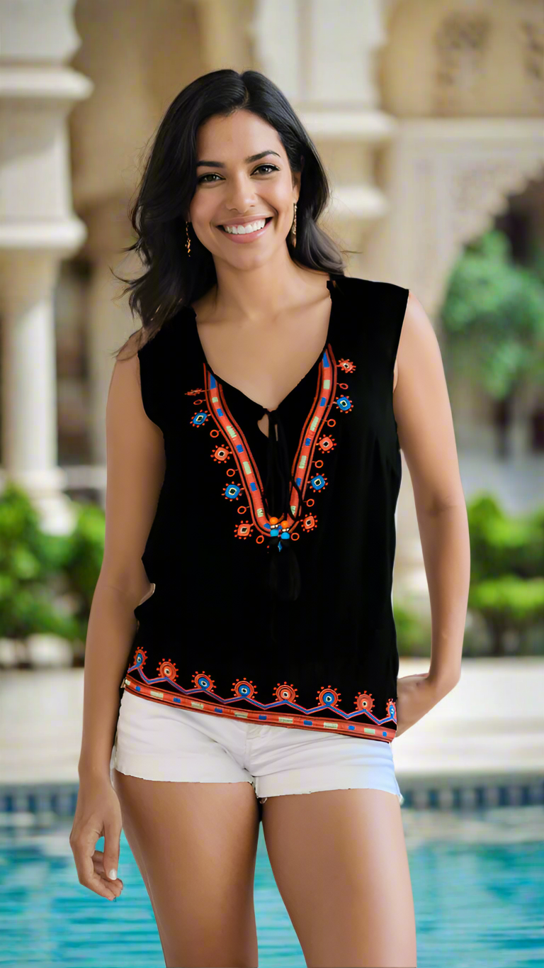 Embroidered Top with Cross Lace and Tassels