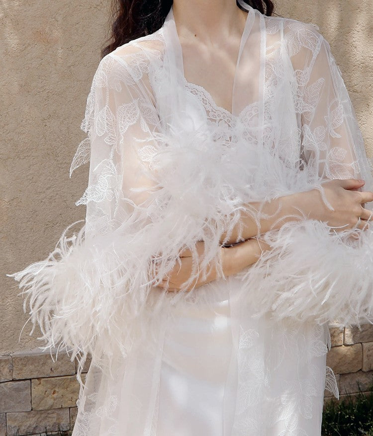 Real Ostrich Feather Sequin Floral Lace Long Robe with Sequin Nightgown Set