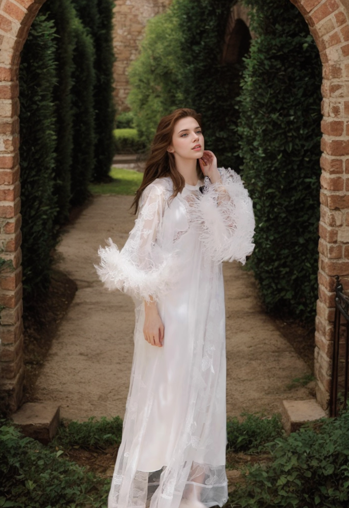 Real Ostrich Feather Sequin Floral Lace Long Robe with Sequin Nightgown Set