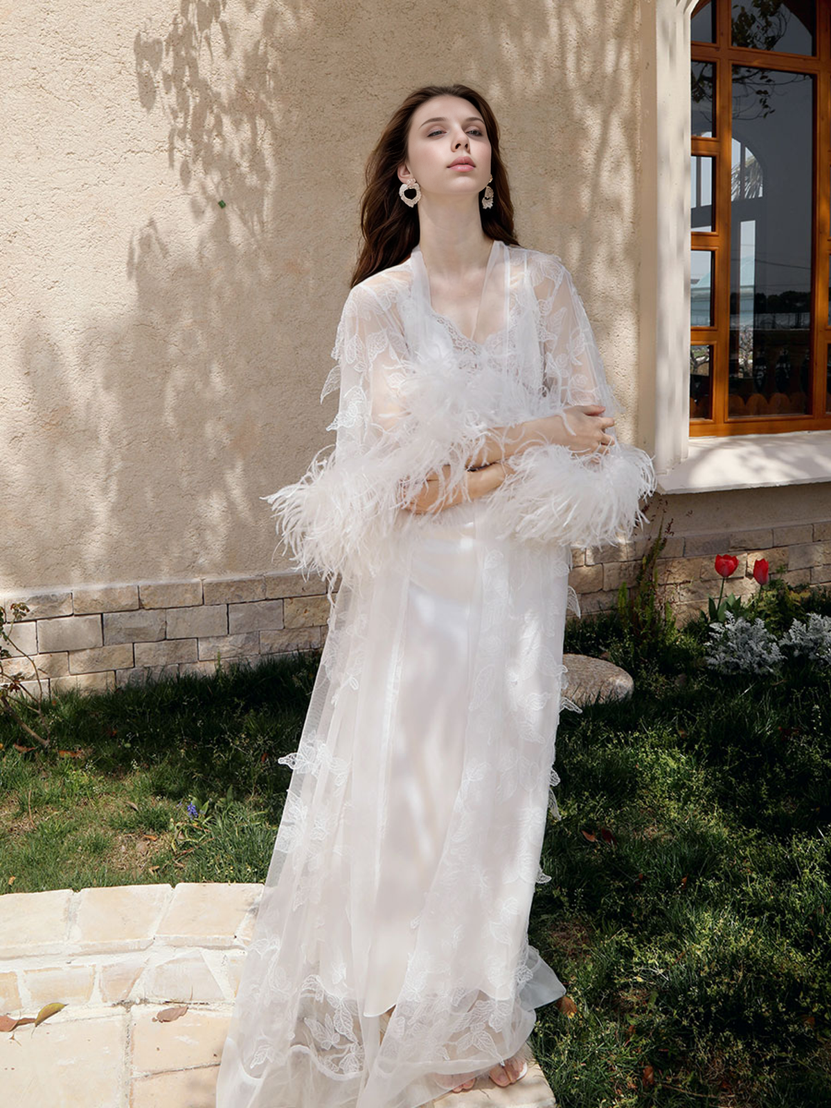 Real Ostrich Feather Sequin Floral Lace Long Robe with Sequin Nightgown Set