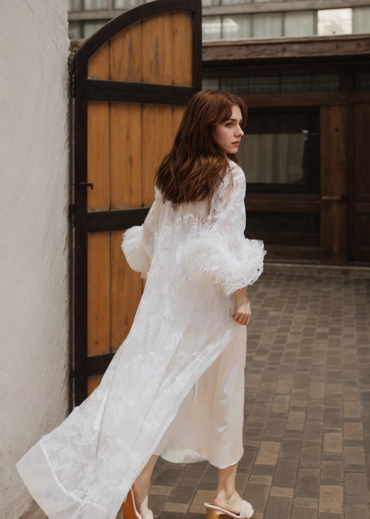 Real Ostrich Feather Sequin Floral Lace Long Robe with Sequin Nightgown Set