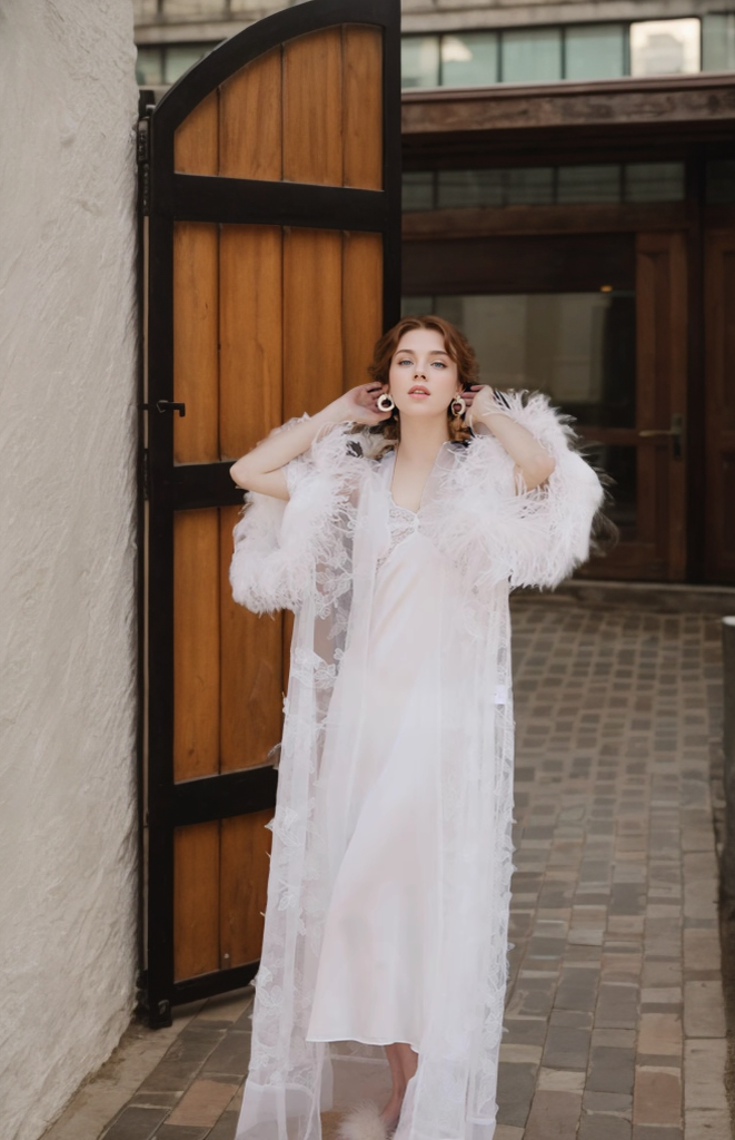 Real Ostrich Feather Sequin Floral Lace Long Robe with Sequin Nightgown Set