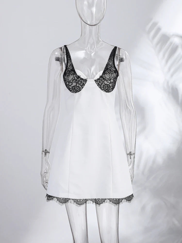 Sexy Lace Sling Patchwork Dress Women V Neck Sleeveless Backless Slim A Line Mini Dresses 2026 Summer Lady Street Party Robe